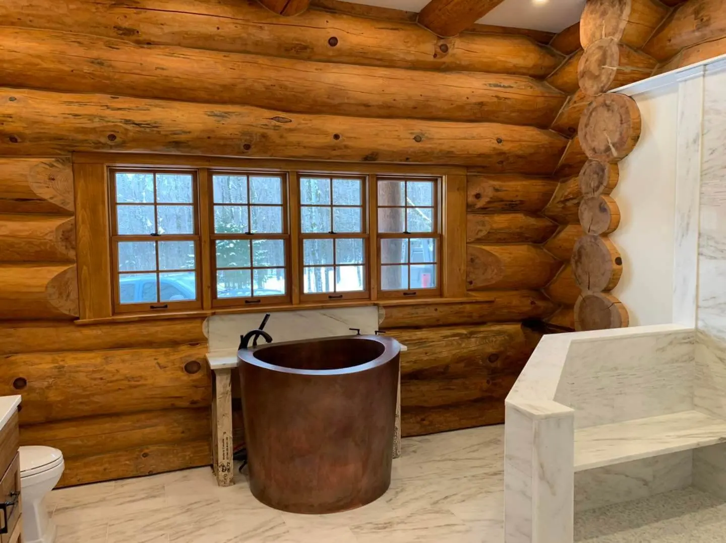 log house bathroom painting and staining
